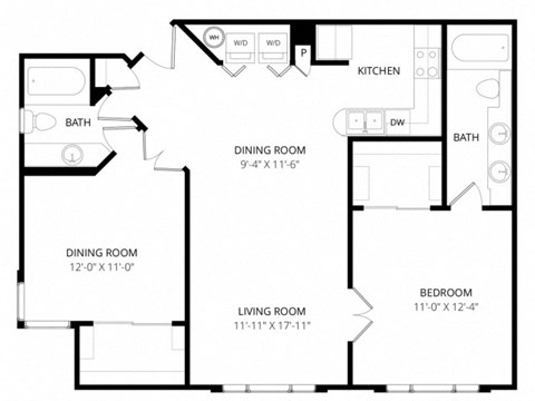 Floor plan for 2 beds, 2 baths, 1000 sqft